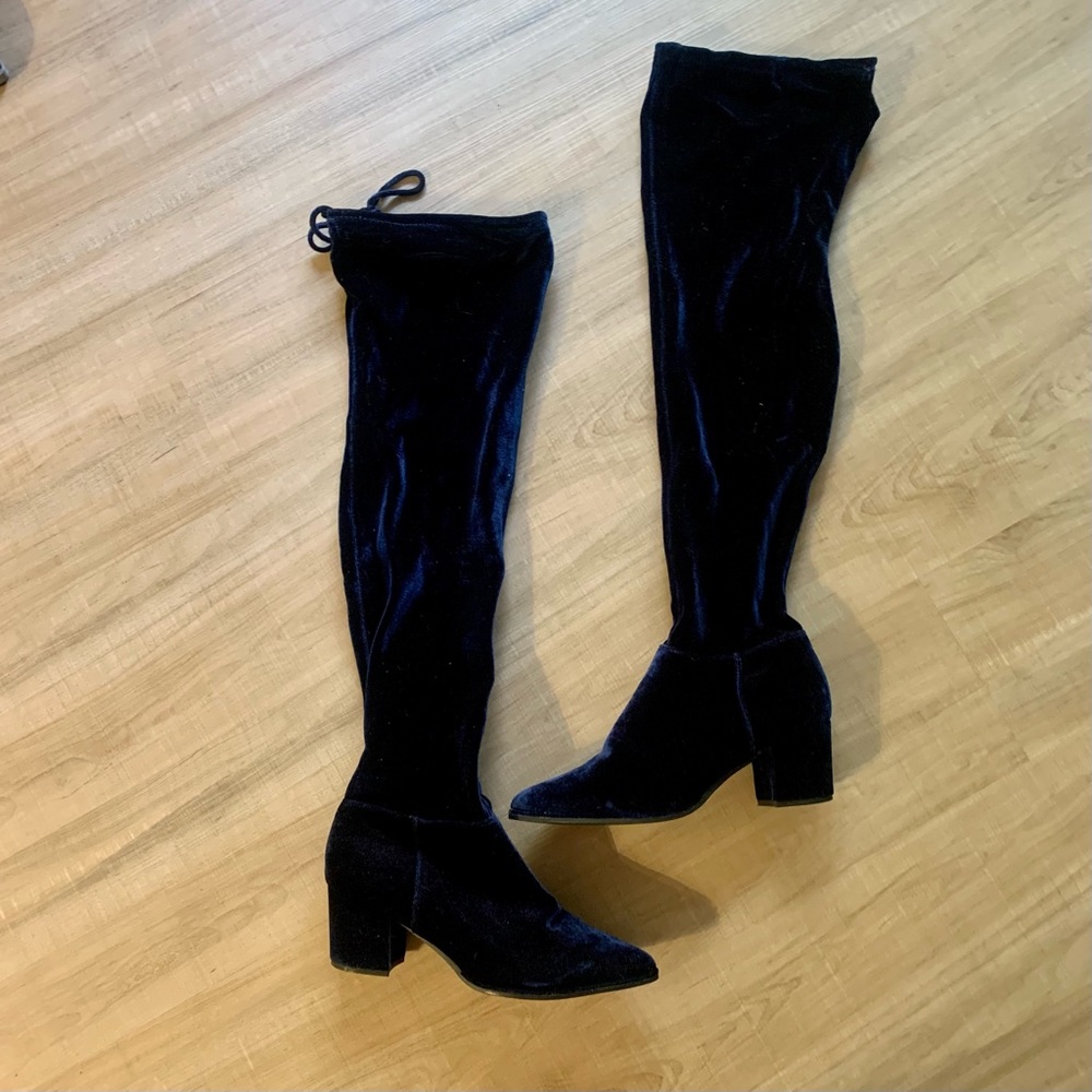 Over The Knee Blue Velvet Boots w Zipper Sz 8 1/2